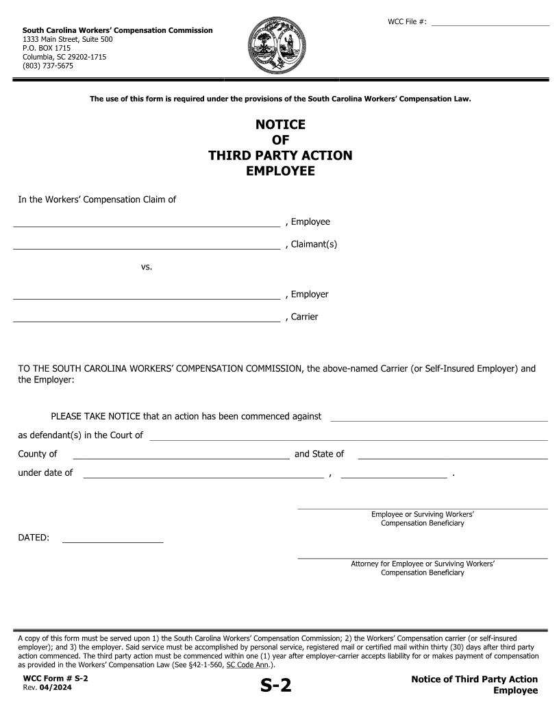 Notice Of Third Party Action Employee {S-2} | Pdf Fpdf Doc Docx | South Carolina