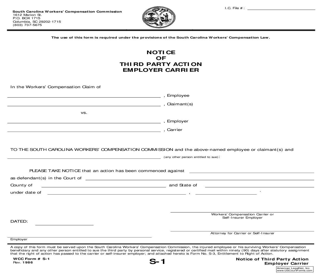 Notice Of Third Party Action Employer Carrier {S-1} | Pdf Fpdf Doc Docx | South Carolina