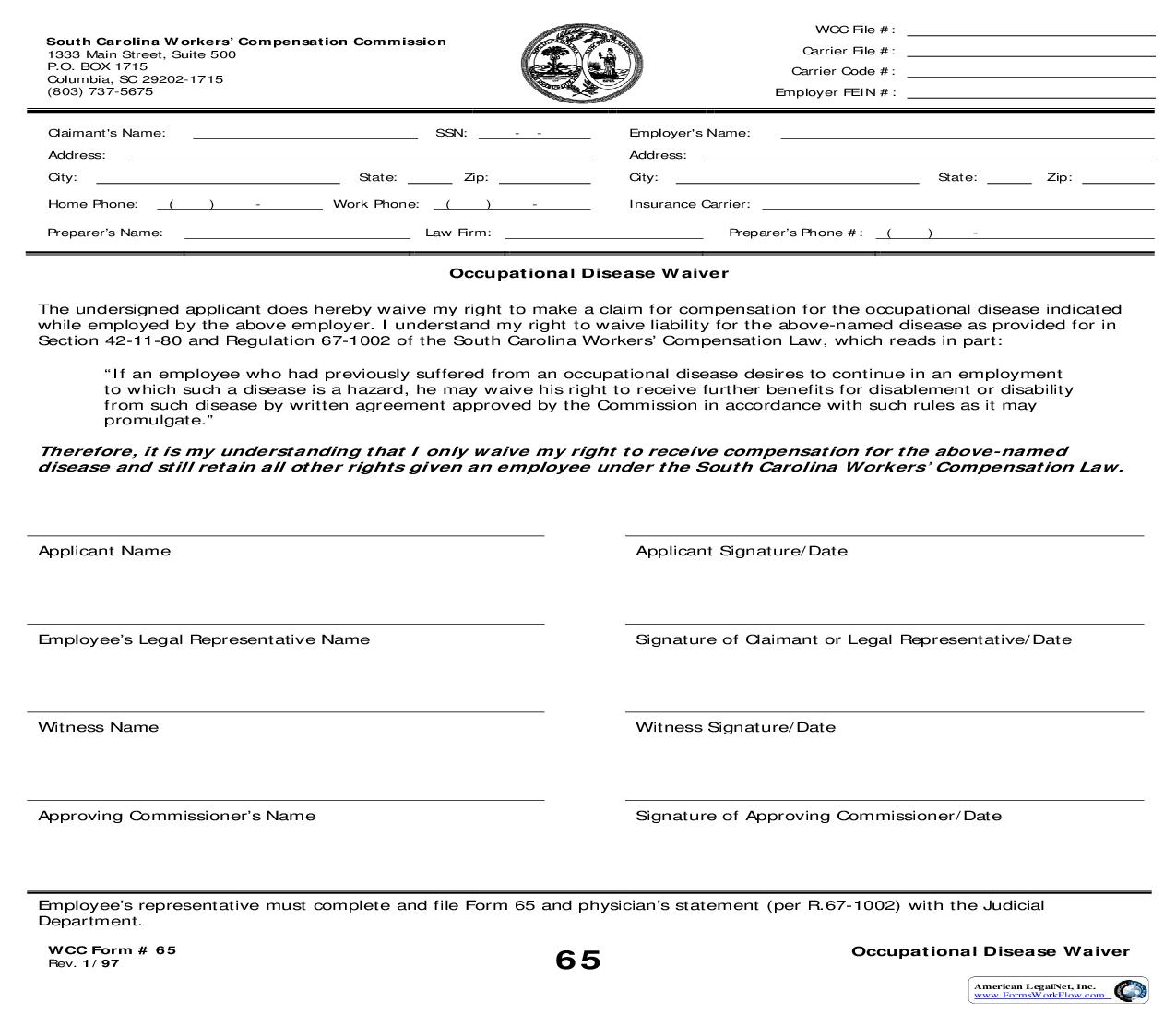 Occupational Disease Waiver {65} | Pdf Fpdf Doc Docx | South Carolina