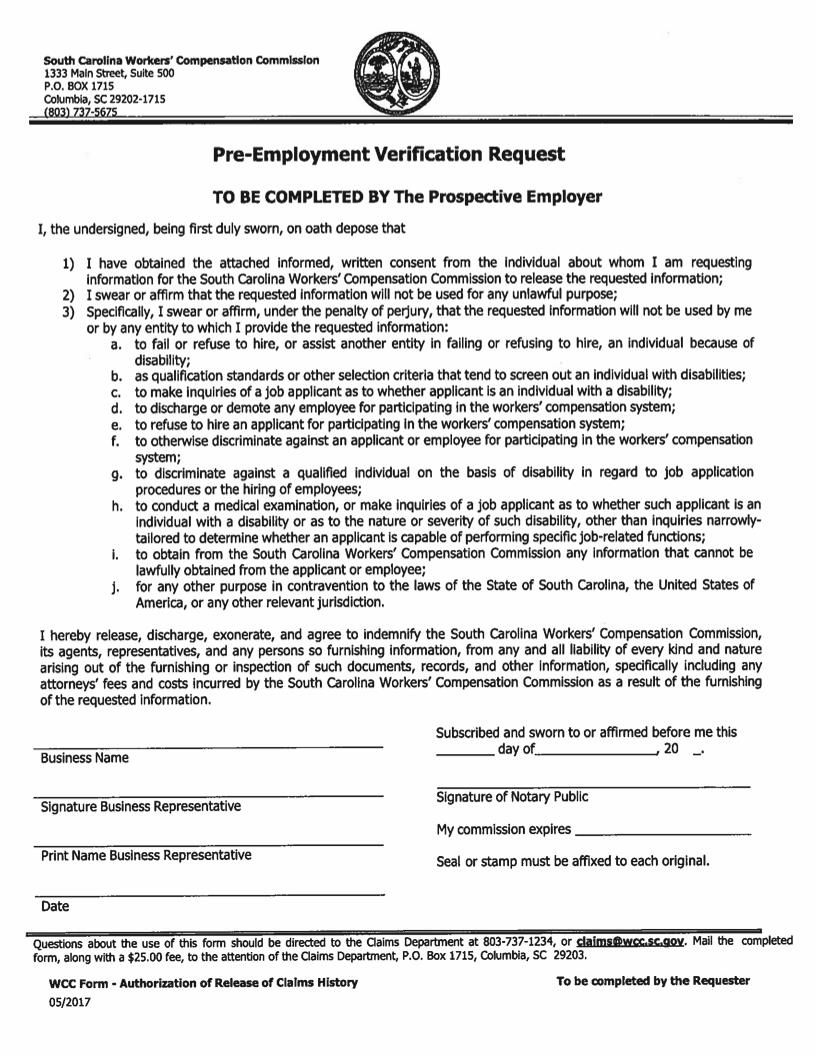 Pre-Employment Verification Request | Pdf Fpdf Docx | South Carolina