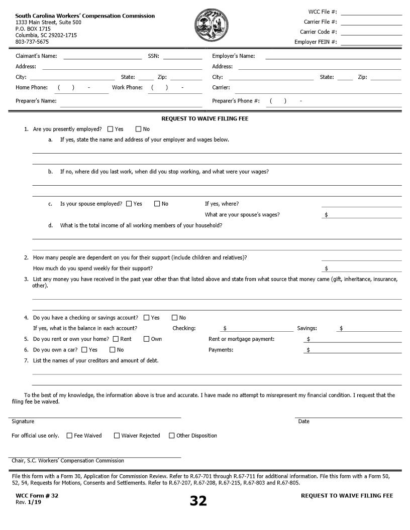 Request To Waive Appeal Filing Fee {32} | Pdf Fpdf Doc Docx | South Carolina
