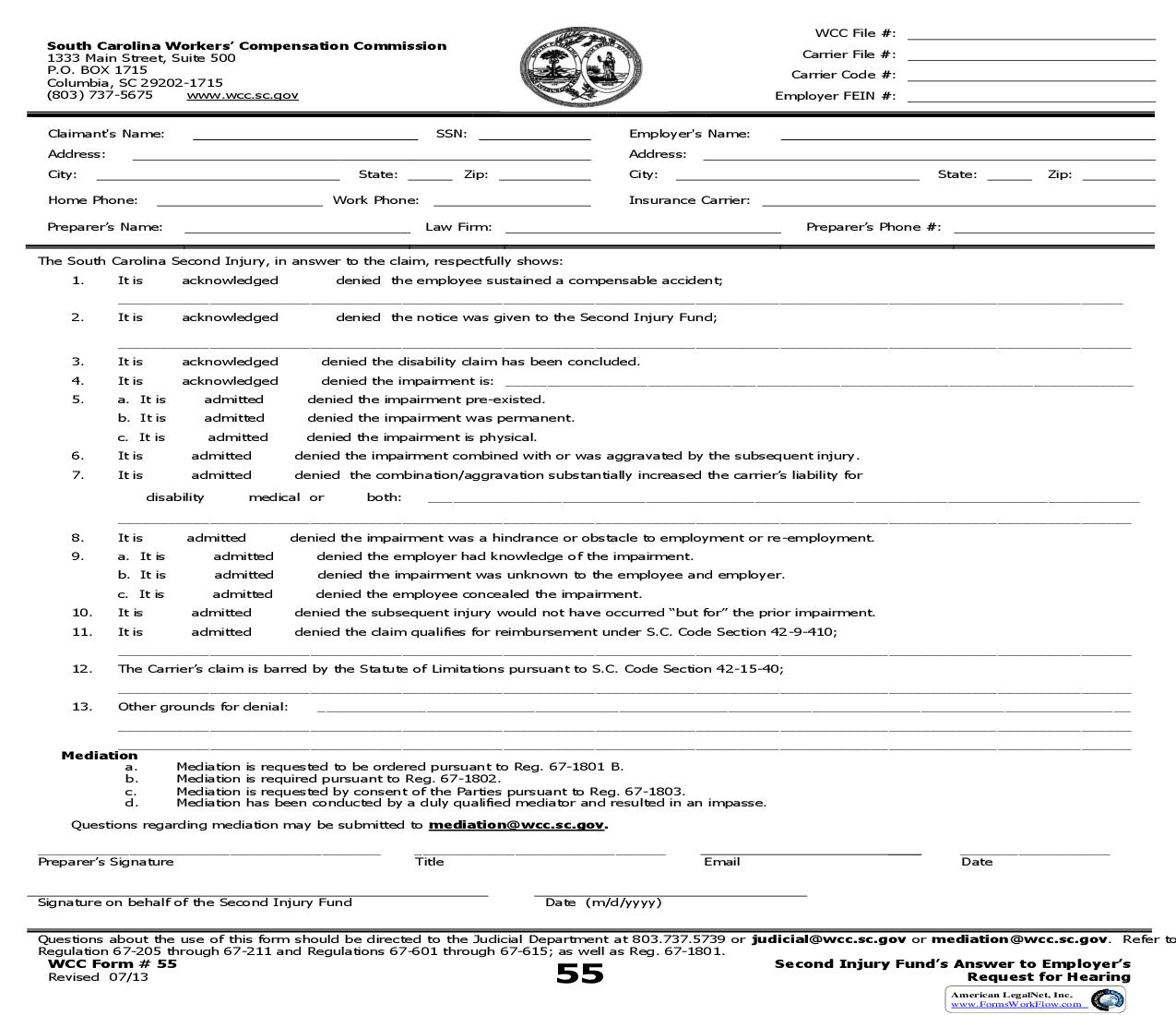 Second Injury Funds Answer To Employers Request For Hearing {55} | Pdf Fpdf Doc Docx | South Carolina