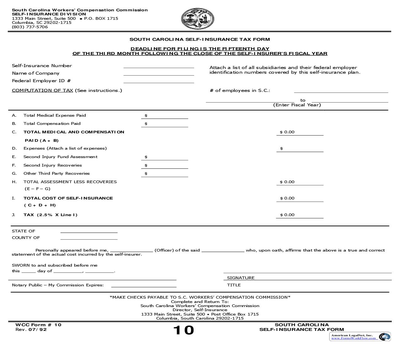 Self-Insurance Tax Form {10} | Pdf Fpdf Doc Docx | South Carolina