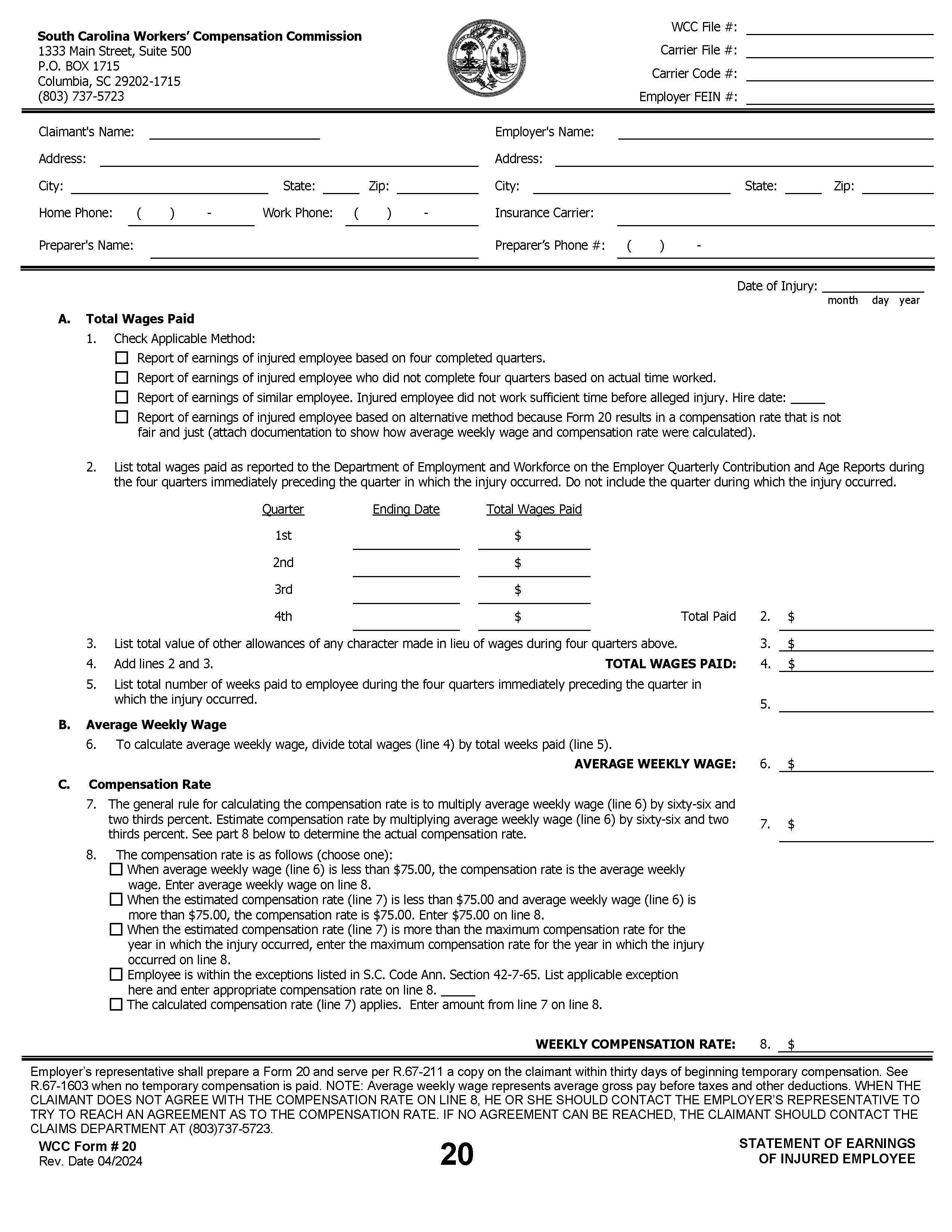 Statement Of Earnings Of Injured Employee {20} | Pdf Fpdf Doc Docx | South Carolina