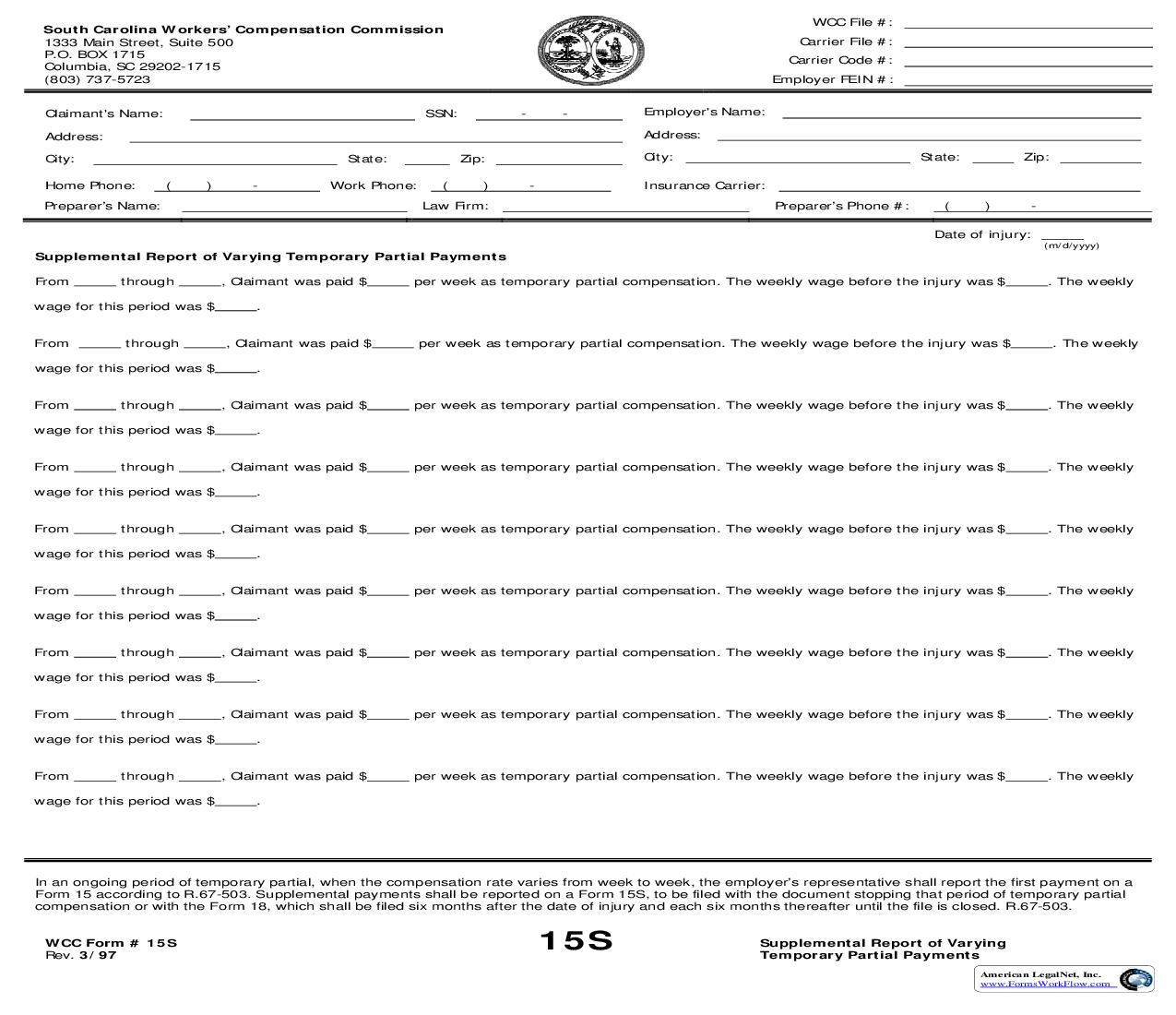 Supplemental Report Of Varying Temporary Partial Payments {15S} | Pdf Fpdf Doc Docx | South Carolina