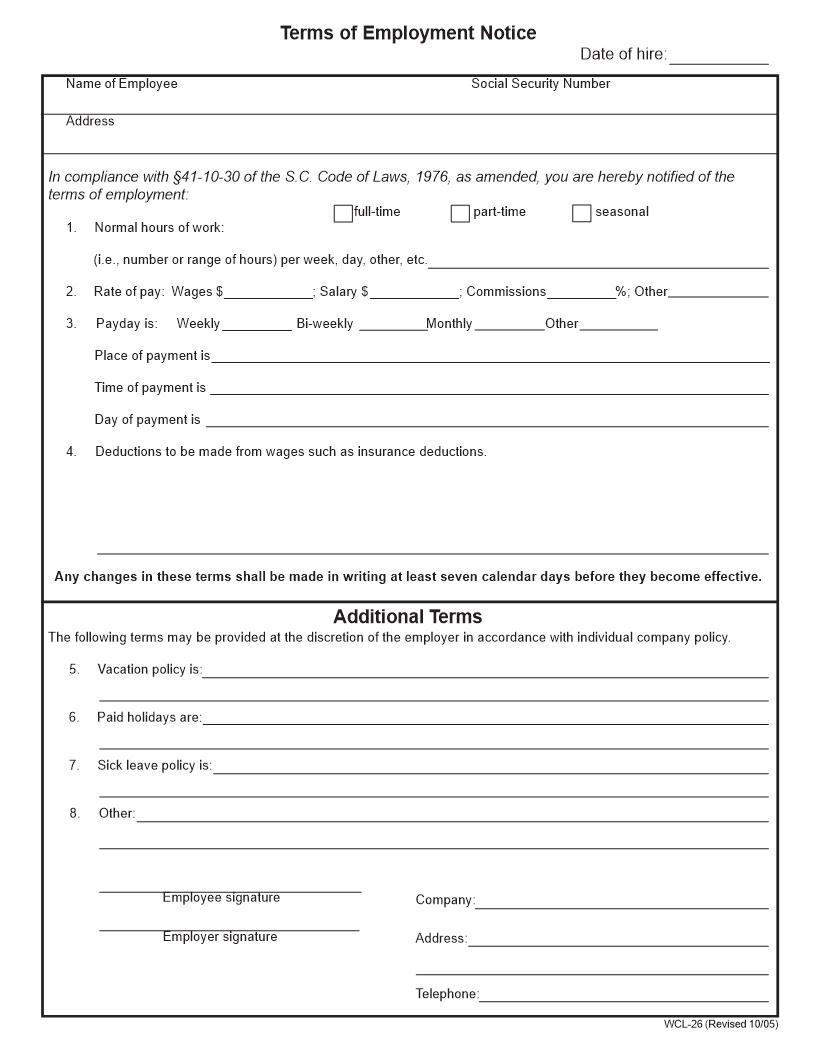 Terms Of Employment Notice Form (For Employers) {WCL-26} | Pdf Fpdf Docx | South Carolina