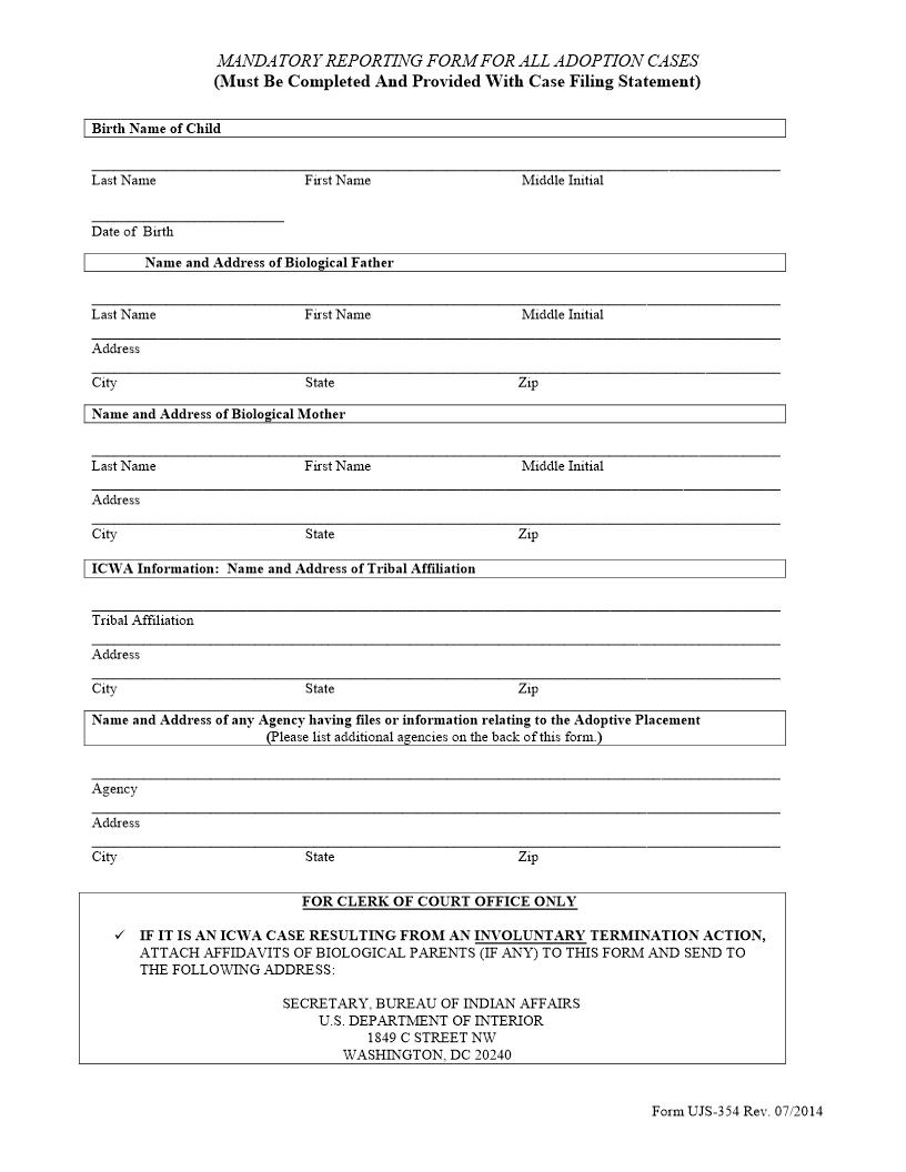 Mandatory Adoption Reporting Form {UJS-354} | Pdf Fpdf Doc Docx | South Dakota