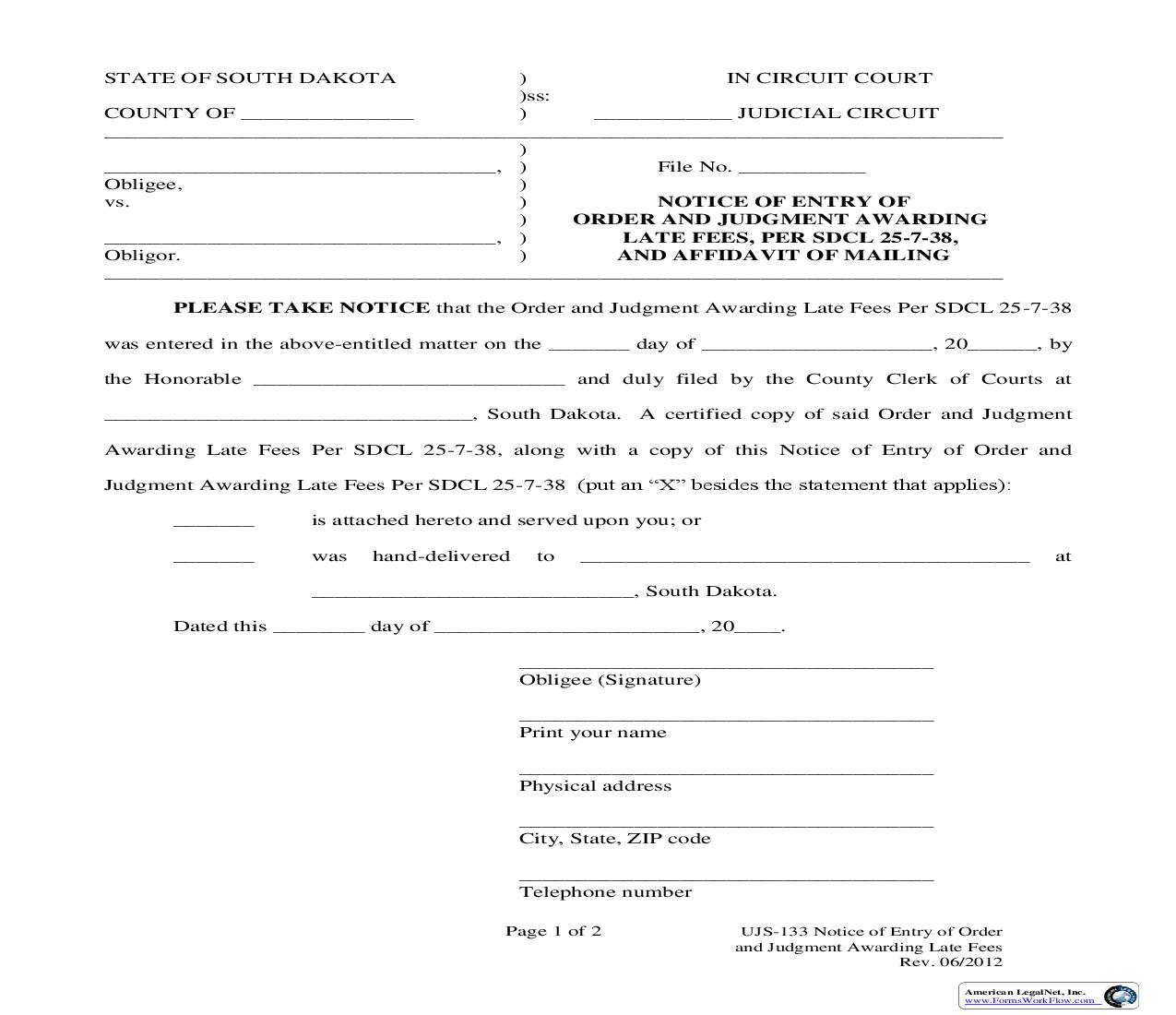 Notice Of Entry Of Order And Judgment Awarding Late Fees {UJS-133} | Pdf Fpdf Doc Docx | South Dakota