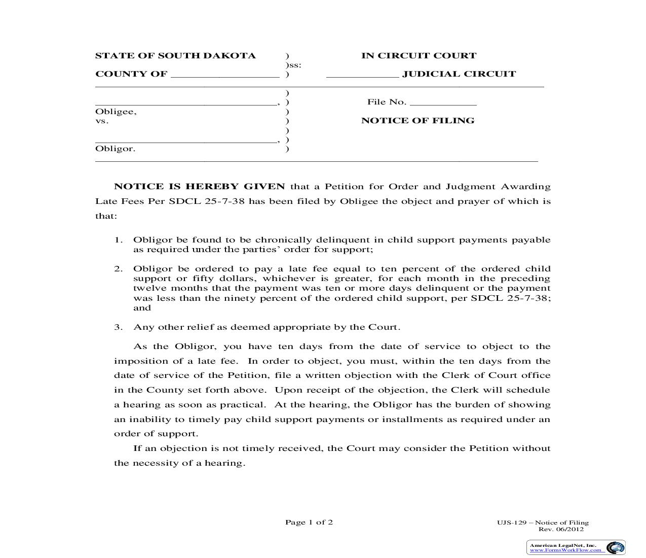 Notice Of Filing {UJS-129} | Pdf Fpdf Doc Docx | South Dakota