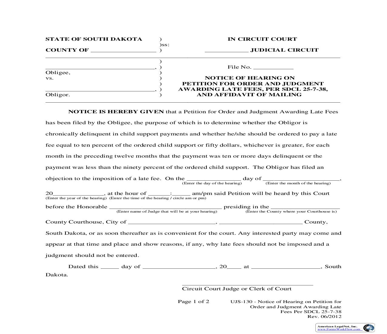 Notice Of Hearing On Petition For Order {UJS-130} | Pdf Fpdf Doc Docx | South Dakota