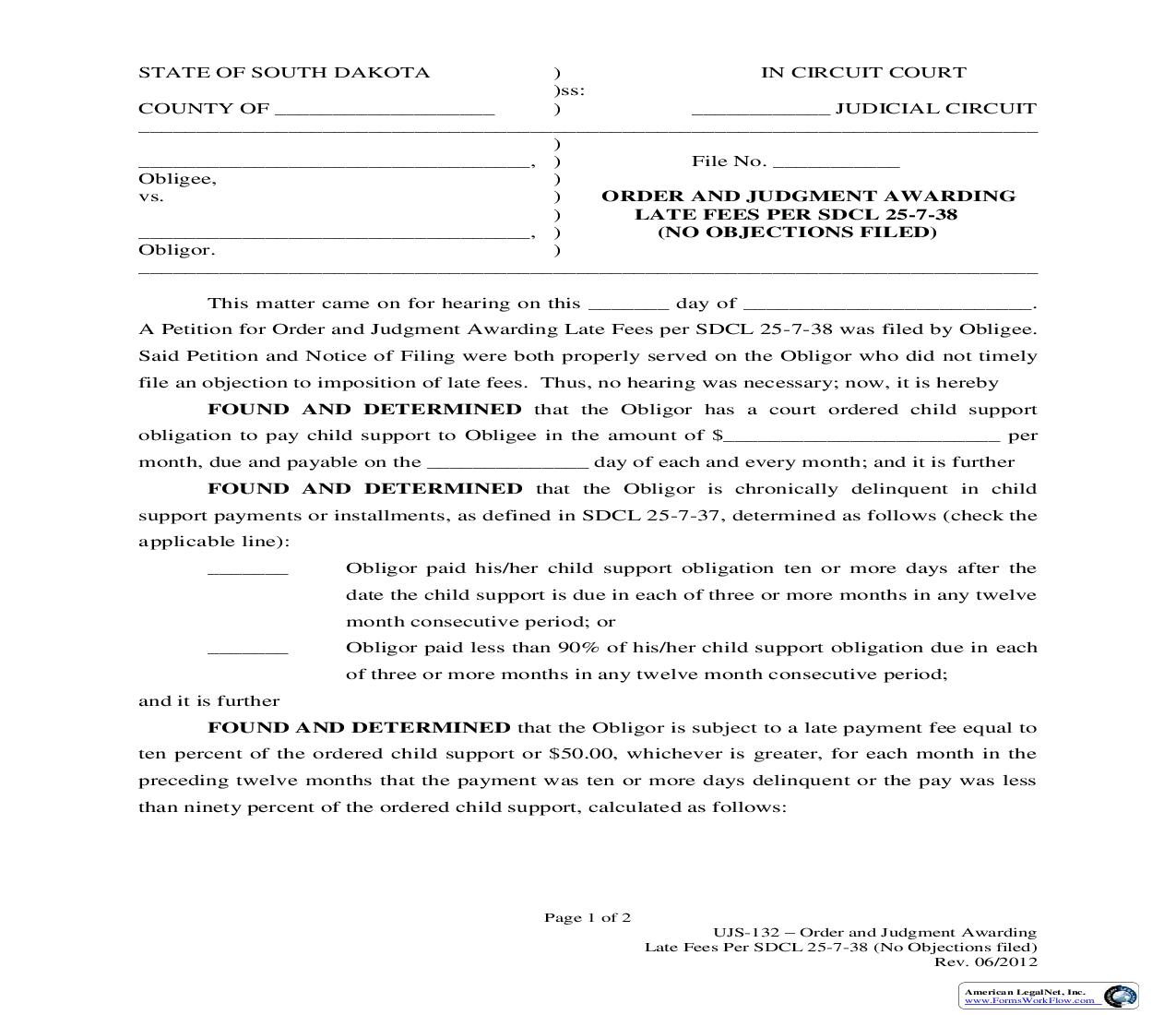 Order And Judgment Awarding Late Fees (No Objections Filed) {UJS-132} | Pdf Fpdf Doc Docx | South Dakota
