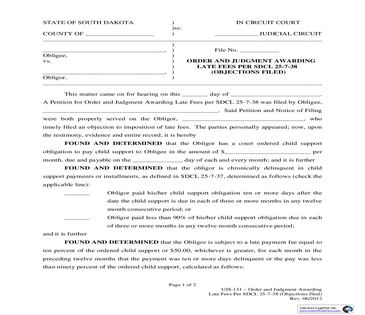 Order And Judgment Awarding Late Fees (Objections Filed) {UJS-131} | Pdf Fpdf Doc Docx | South Dakota