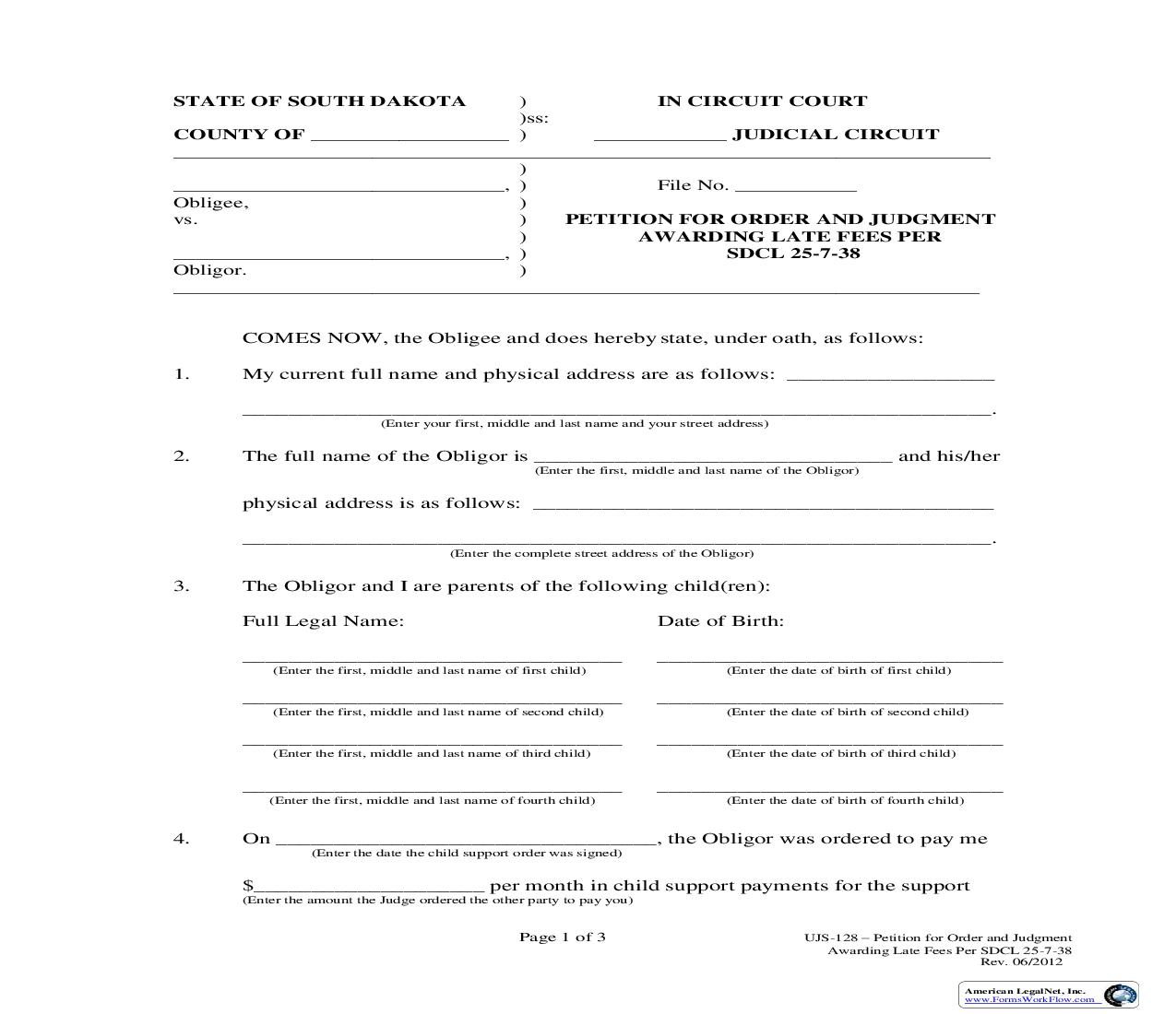 Petition For Order And Judgment Awarding Late Fees {UJS-128} | Pdf Fpdf Doc Docx | South Dakota
