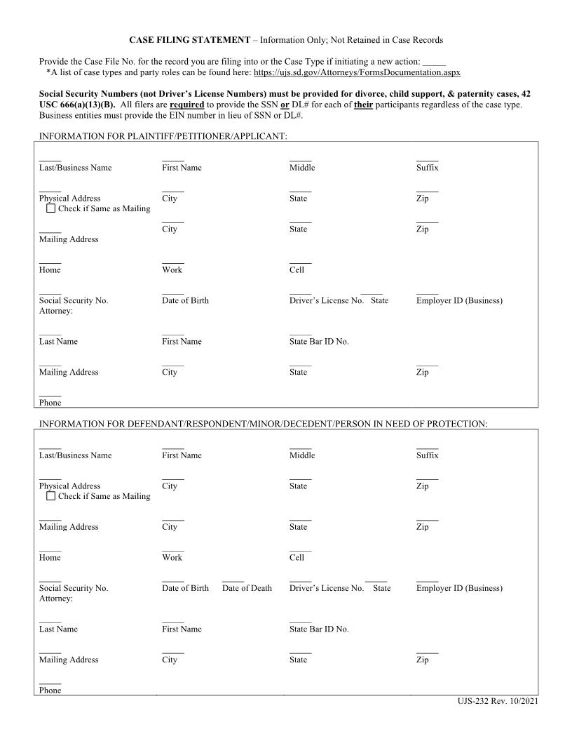 Civil Case Filing Statement {UJS 232} | Pdf Fpdf Docx | South Dakota