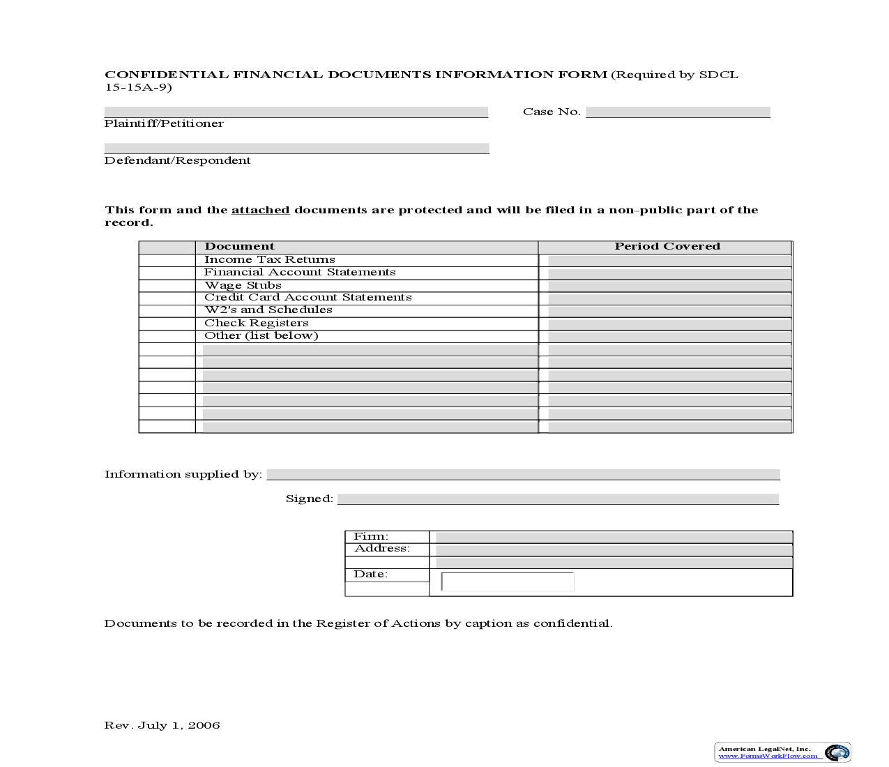 Confidential Financial Documents Information Form | Pdf Fpdf Doc Docx | South Dakota