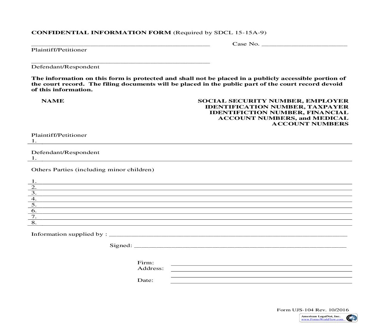 Confidential Information Form {UJS-104} | Pdf Fpdf Doc Docx | South Dakota