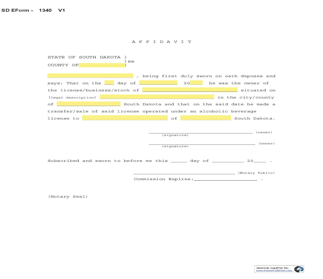 Affidavit (For Transfer Of Alcoholic Beverage License) | Pdf Fpdf Doc Docx | South Dakota