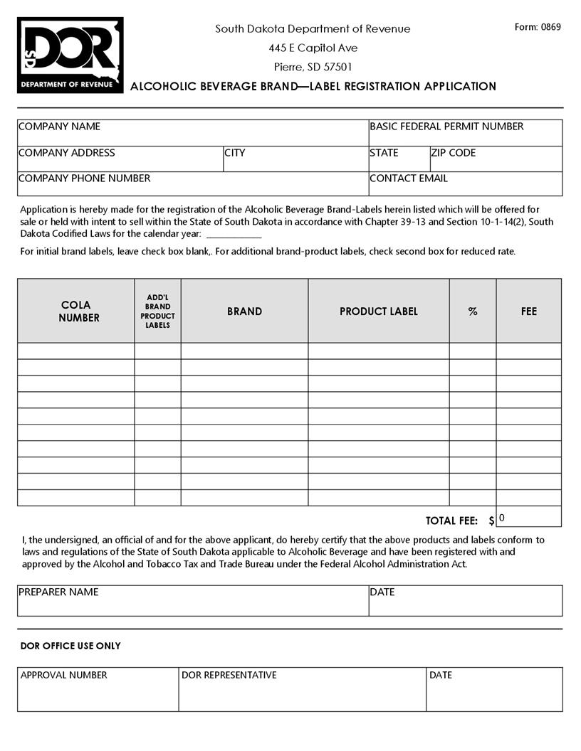Alcohol Beverage Brand Label Registration Application {0869} | Pdf Fpdf Doc Docx | South Dakota
