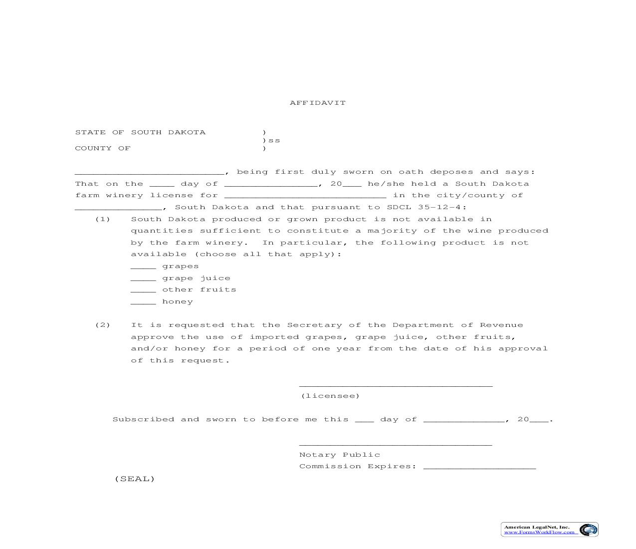 Farm Winery Affidavit |  | South Dakota