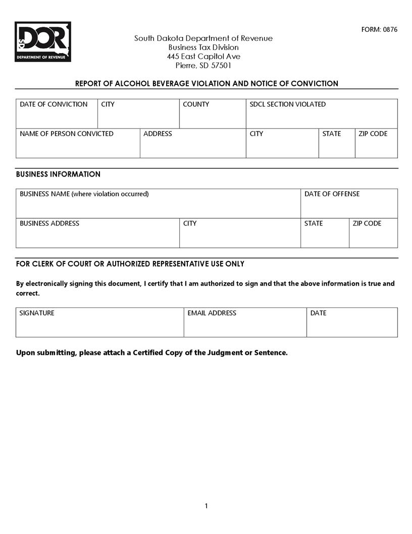 Report Of Alcohol Berverage Violation And Notice Of Conviction | Pdf Fpdf Doc Docx | South Dakota