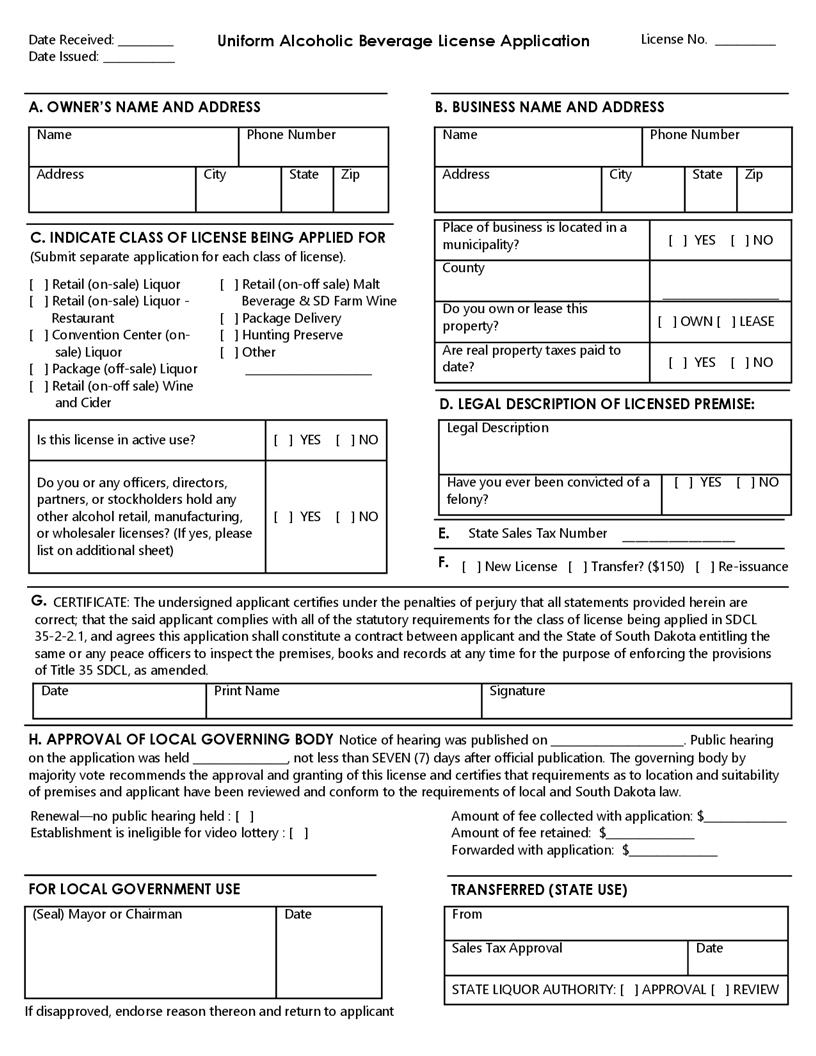 Uniform Alcoholic Beverage License Application | Pdf Fpdf Doc Docx | South Dakota
