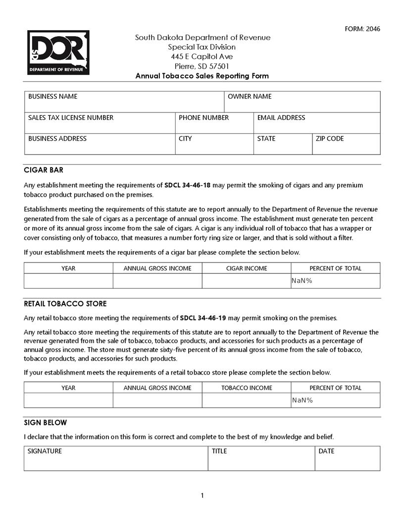 Annual Tobacco Sales Reporting Form | Pdf Fpdf Doc Docx | South Dakota