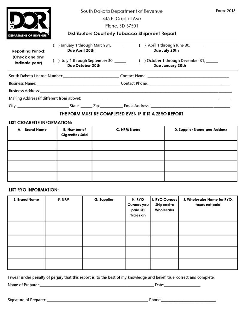 Distributors Quarterly Tobacco Shipment Report | Pdf Fpdf Doc Docx | South Dakota