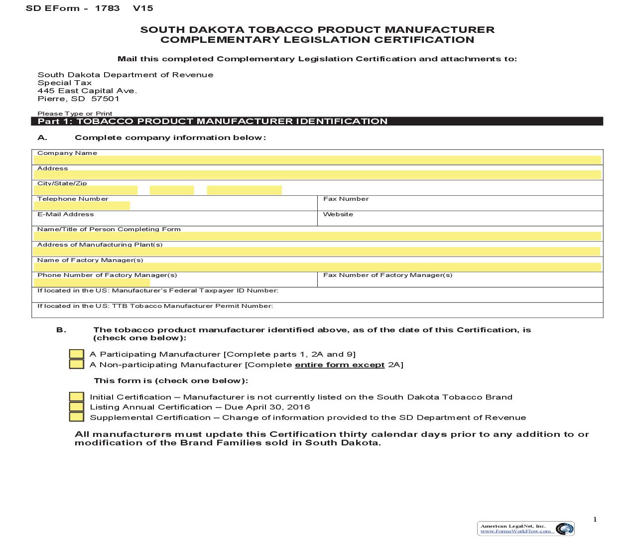 South Dakota Tobacco Product Manufacturer Complementary Legislation Certification | Pdf Fpdf Doc Docx | South Dakota