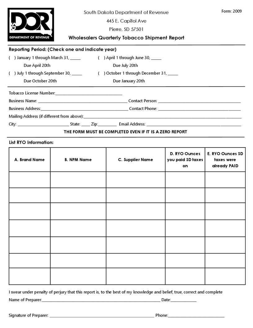 Wholesalers Quarterly Tobacco Shipment Report | Pdf Fpdf Doc Docx | South Dakota