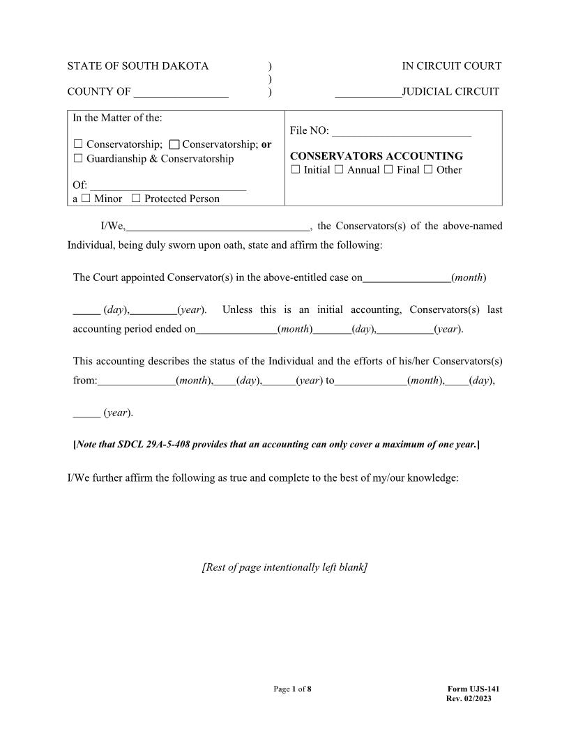 Conservators Accounting {UJS-141} | Pdf Fpdf Doc Docx | South Dakota