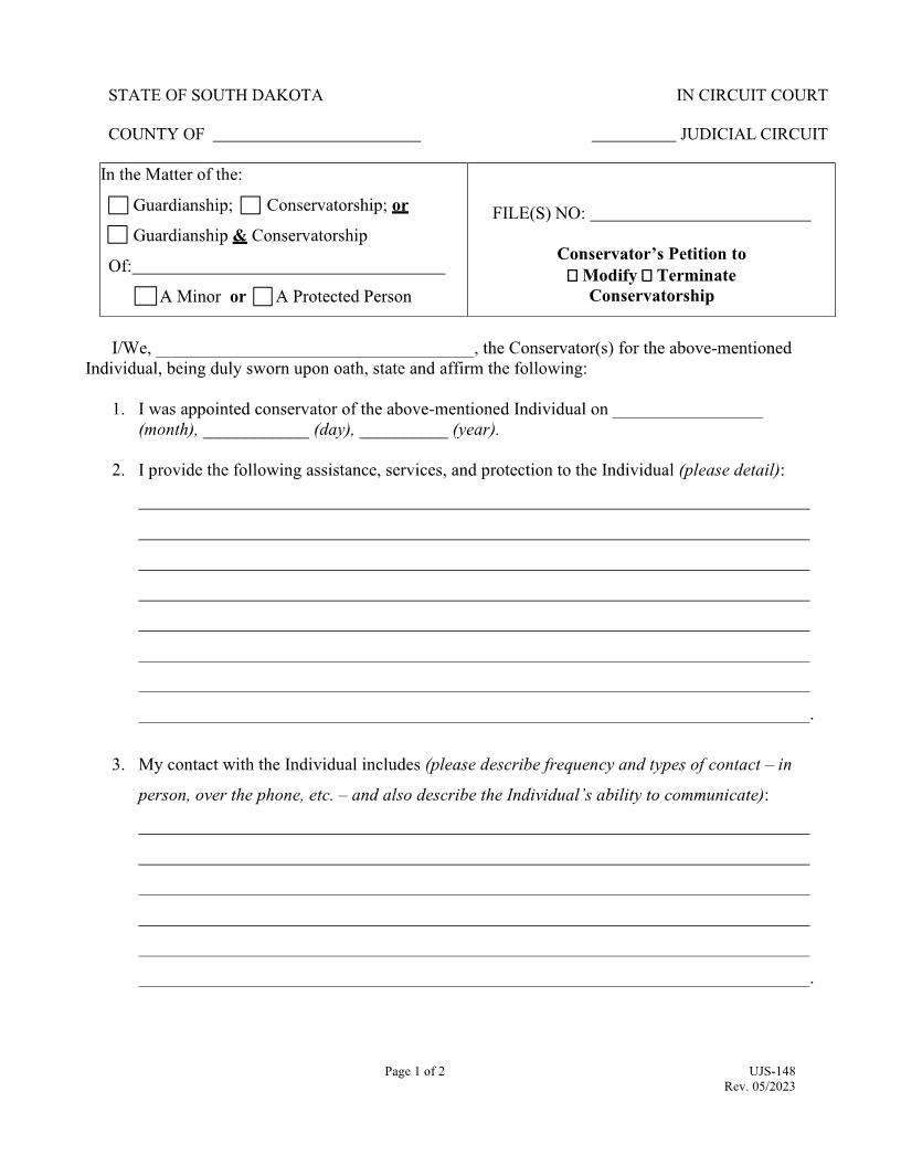 Conservators Petition To Modify-Terminate Conservatorship {UJS-148} | Pdf Fpdf Doc Docx | South Dakota