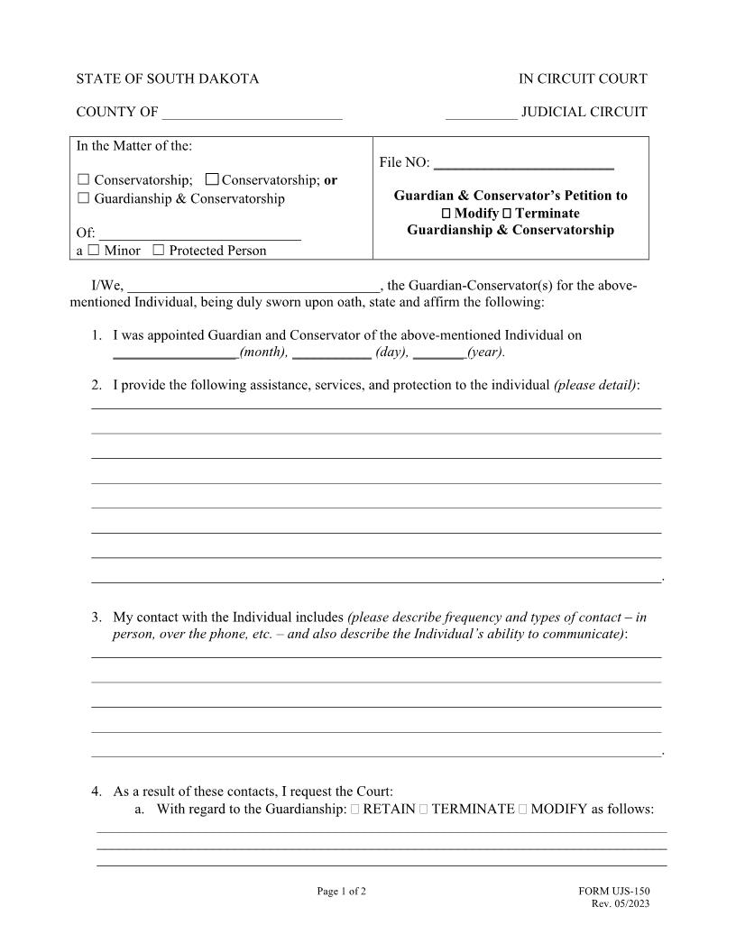 Guardian And Conservators Petition To Modify-Terminate Guardianship And Conservatorship {UJS-150} | Pdf Fpdf Doc Docx | South Dakota