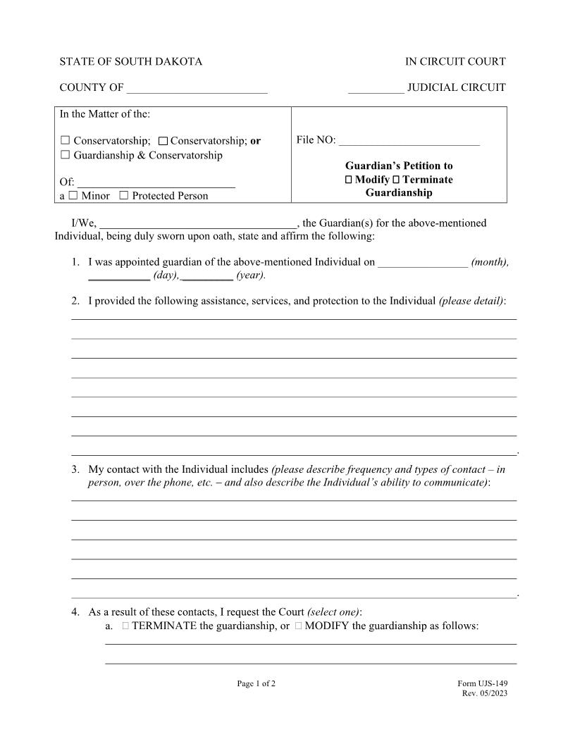 Guardians Petition To Modify-Terminate Guardianship {UJS-149} | Pdf Fpdf Doc Docx | South Dakota