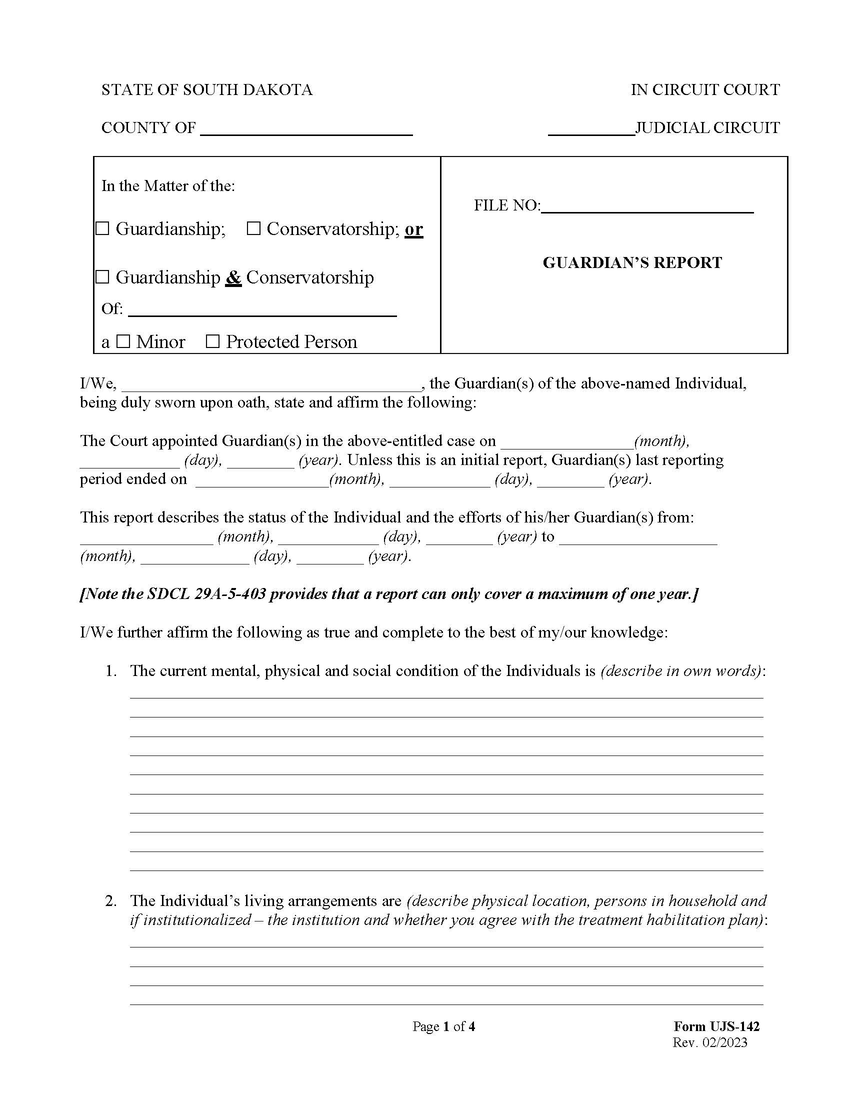 Guardians Report {UJS-142} | Pdf Fpdf Doc Docx | South Dakota