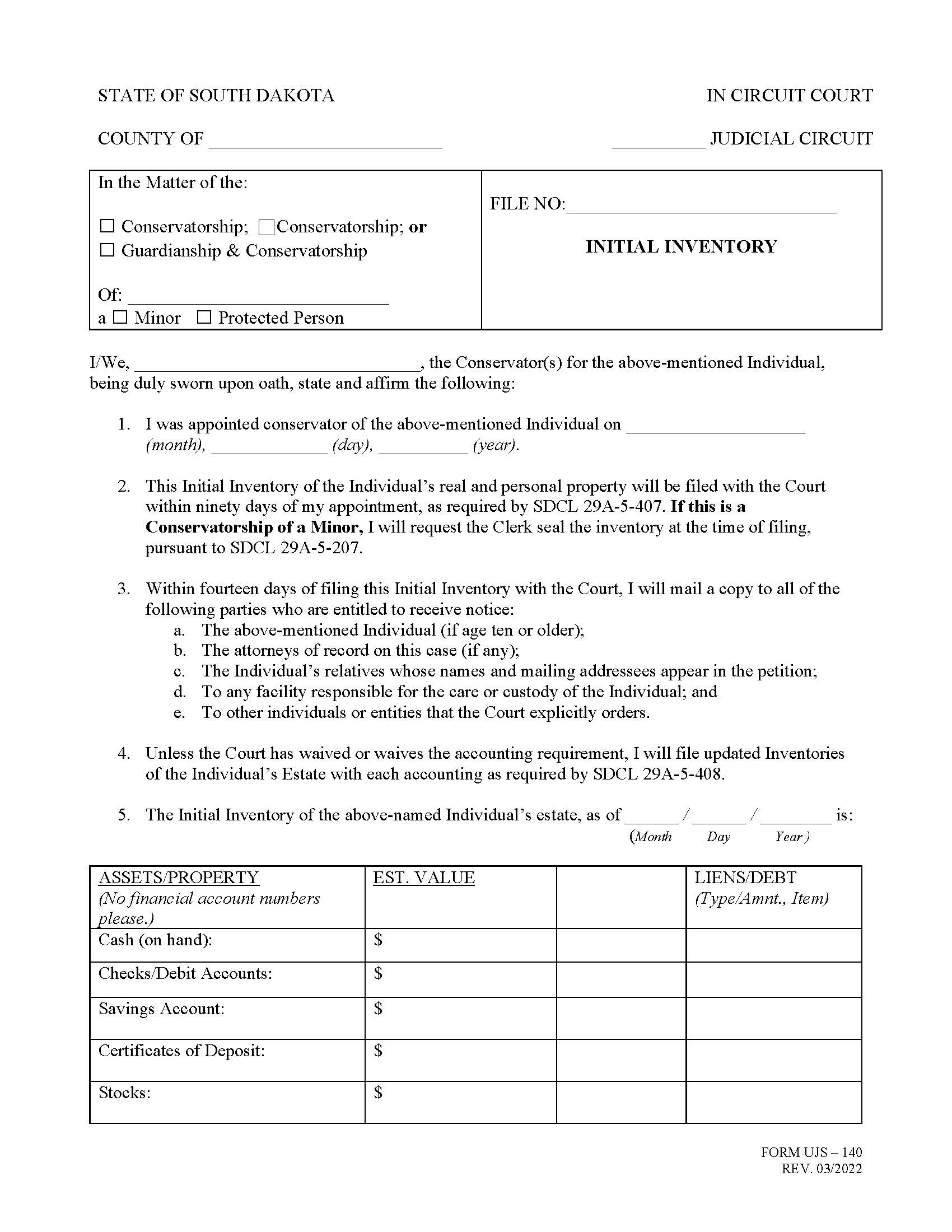 Initial Inventory {UJS-140} | Pdf Fpdf Doc Docx | South Dakota
