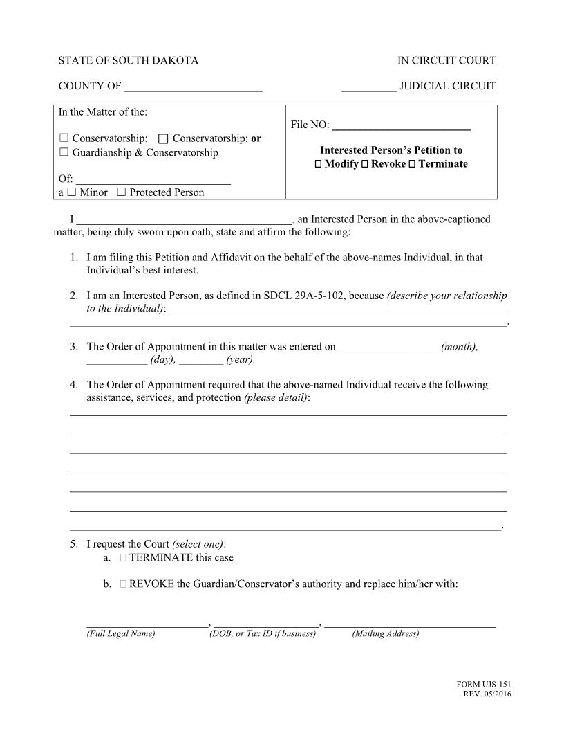 Interested Persons Petition To Modify - Revoke - Terminate {UJS-151} | Pdf Fpdf Doc Docx | South Dakota