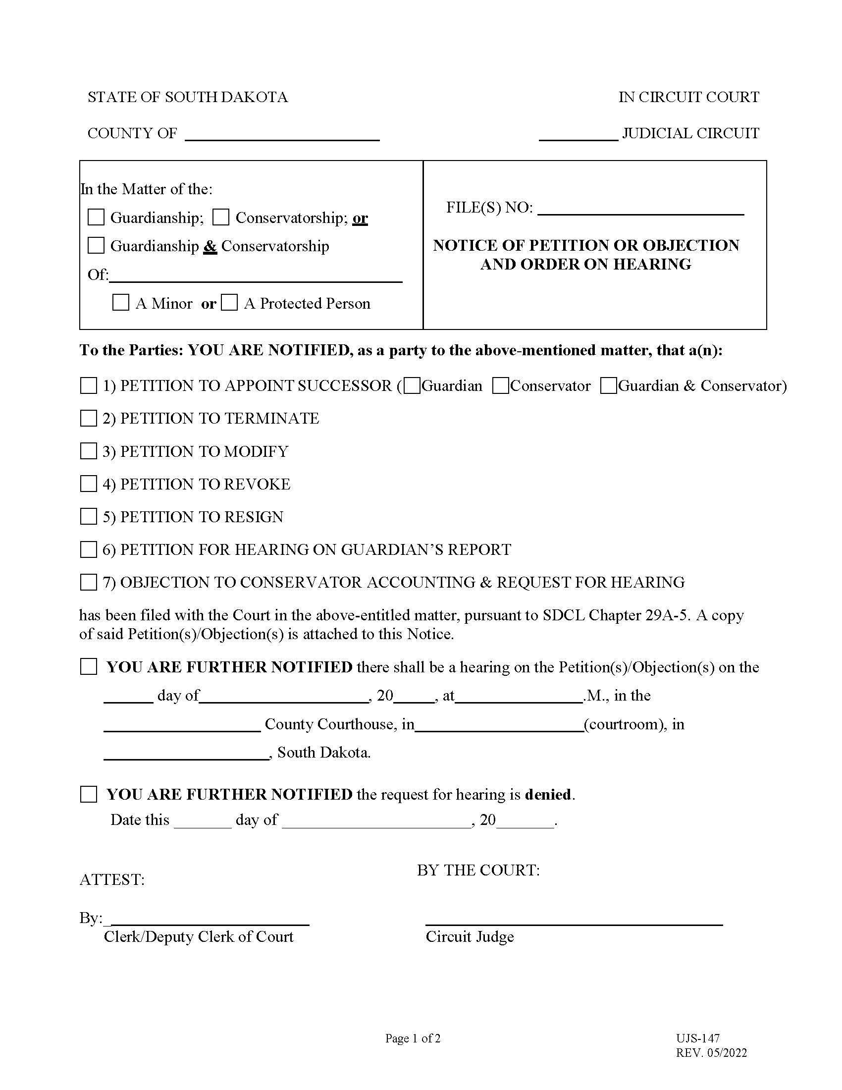 Notice Of Petition-Objection And Order On Hearing {UJS-147} | Pdf Fpdf Doc Docx | South Dakota