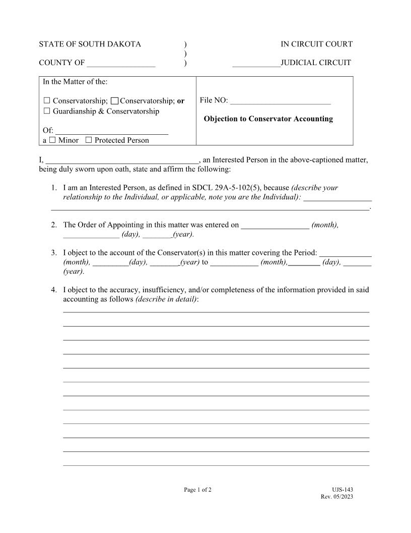 Objection To Conservator Accounting {UJS-143} | Pdf Fpdf Doc Docx | South Dakota