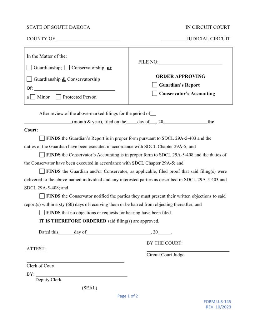 Order Approving Accounting {UJS-145} | Pdf Fpdf Doc Docx | South Dakota
