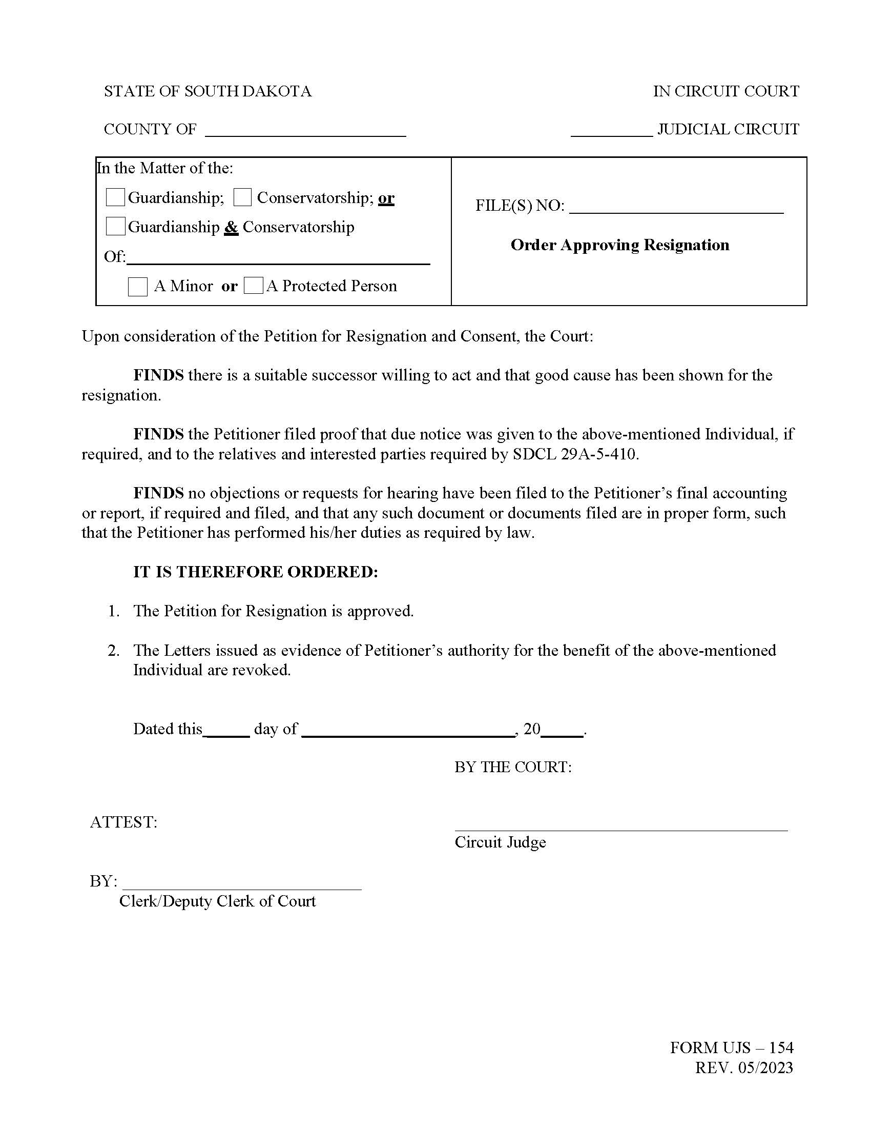 Order Approving Resignation {UJS-154} | Pdf Fpdf Doc Docx | South Dakota