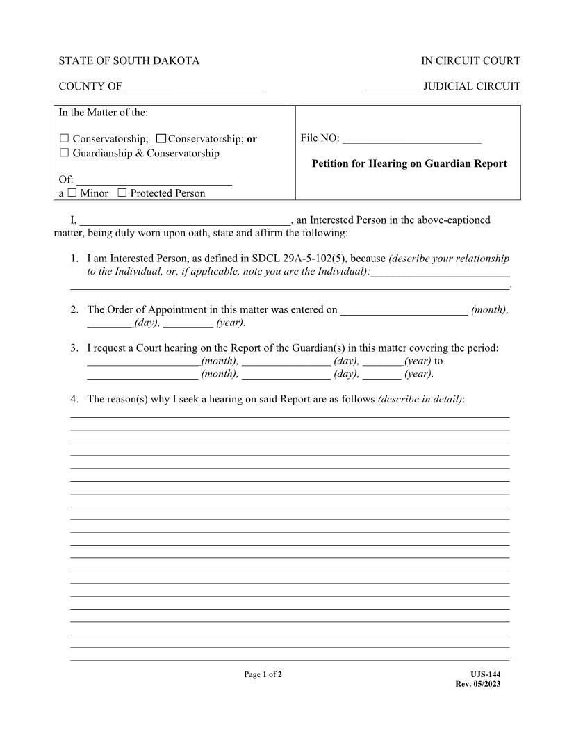 Petition For Hearing On Guardian Report {UJS-144} | Pdf Fpdf Doc Docx | South Dakota