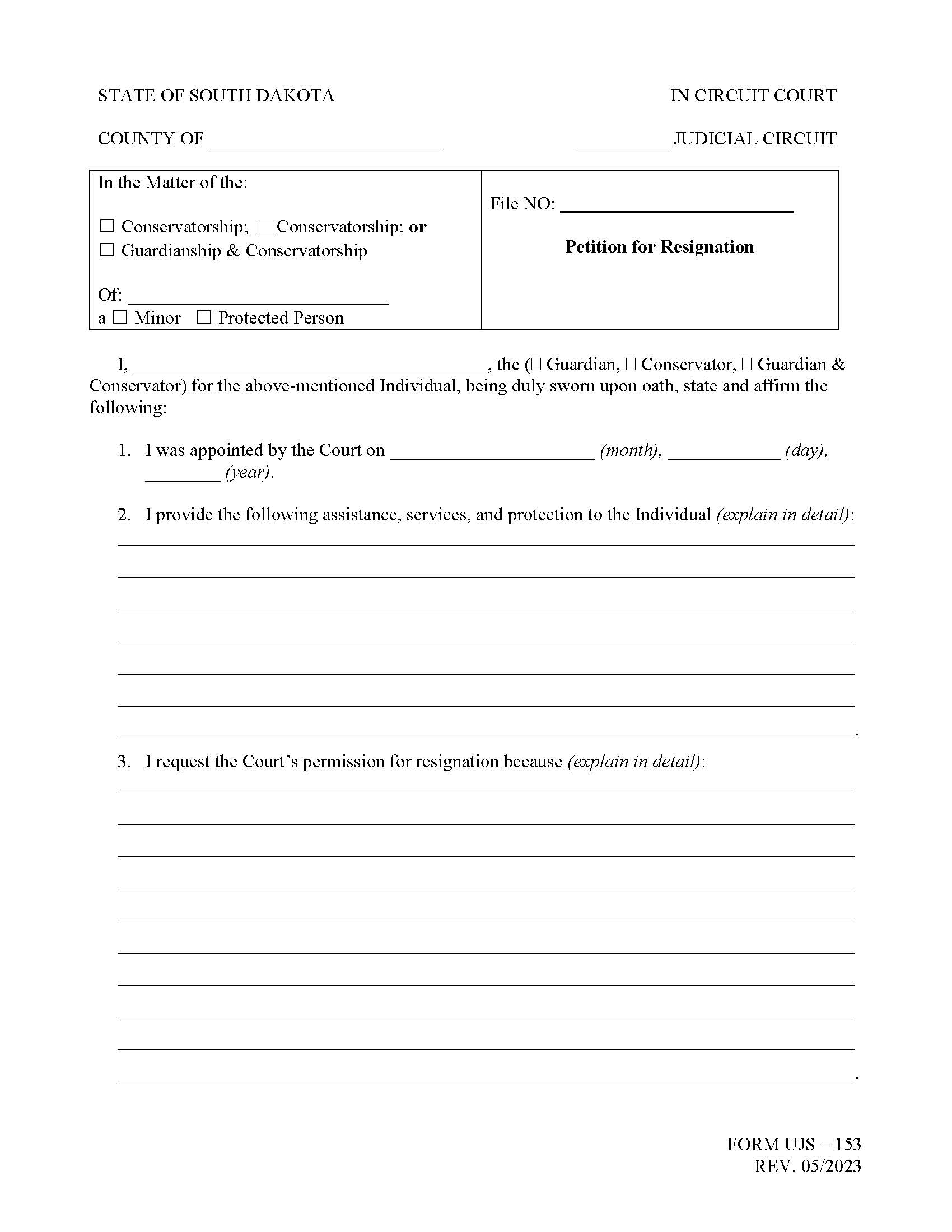 Petition For Resignation And Consent {UJS-153} | Pdf Fpdf Doc Docx | South Dakota