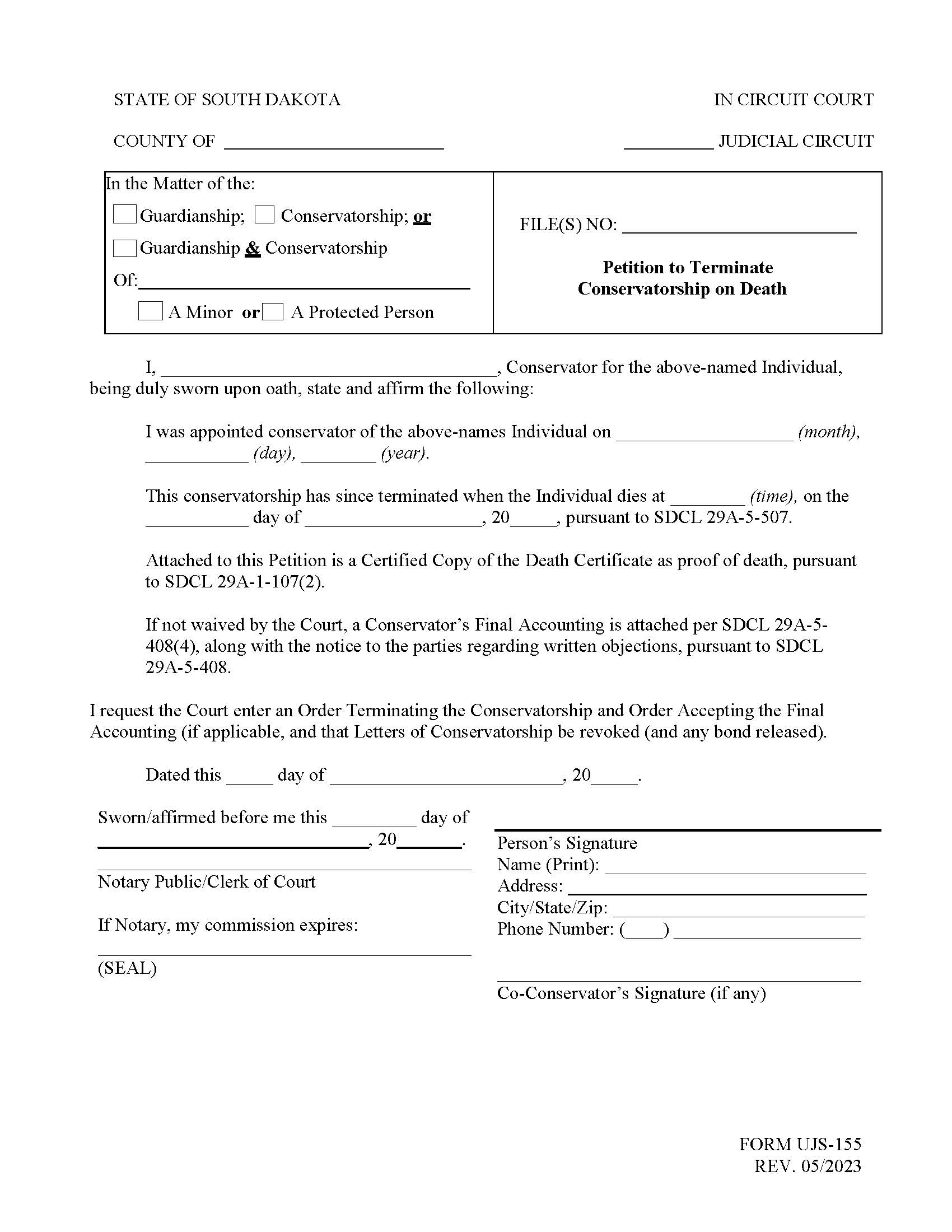 Petition To Terminate Conservatorship On Death {UJS-155} | Pdf Fpdf Doc Docx | South Dakota