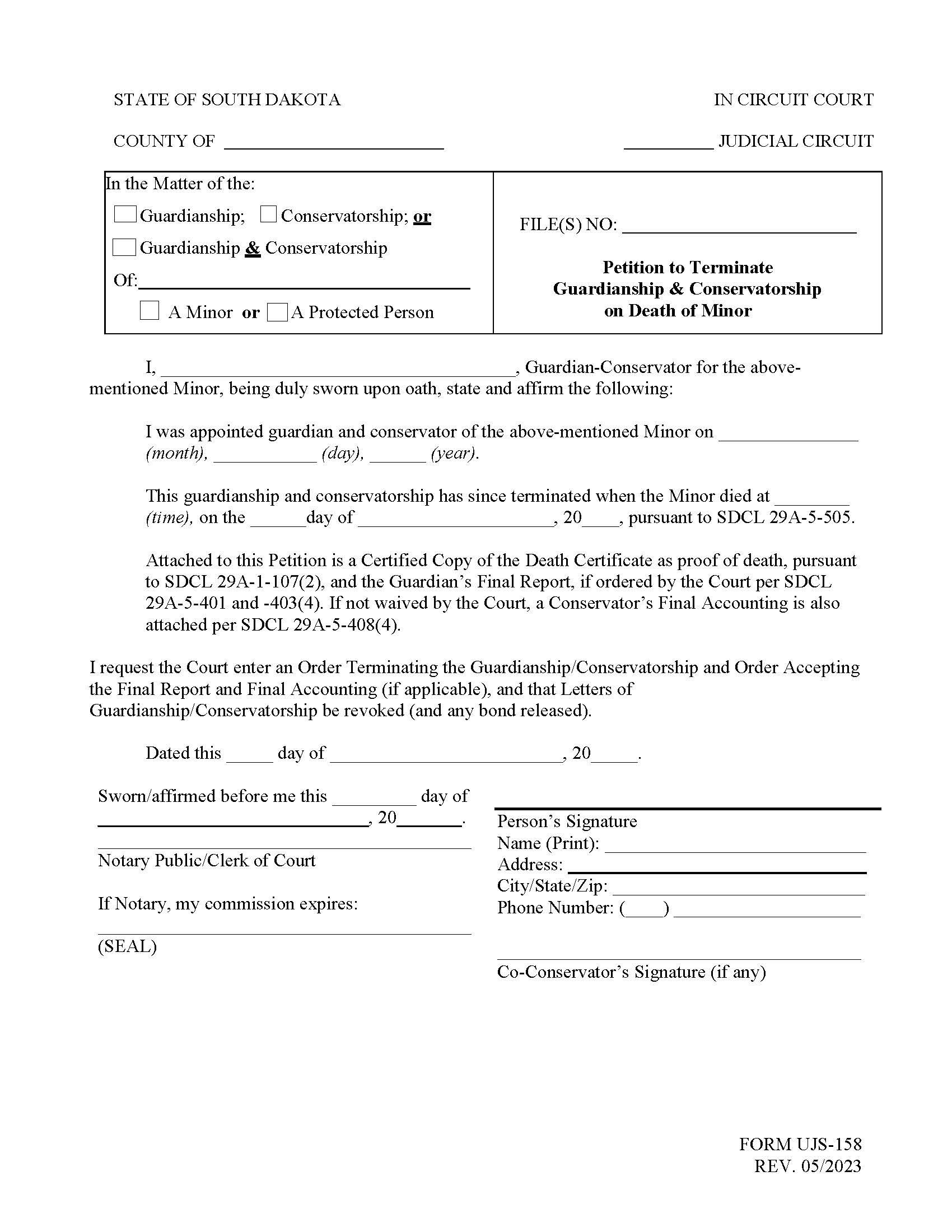 Petition To Terminate Guardianship And Conservatorship On Death Of Minor {UJS-158} | Pdf Fpdf Docx | South Dakota