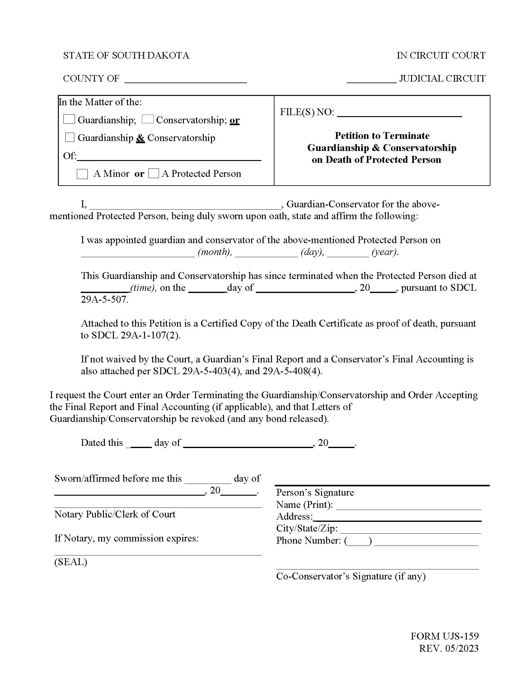 Petition To Terminate Guardianship And Conservatorship On Death Of Protected Person {UJS-159} | Pdf Fpdf Doc Docx | South Dakota