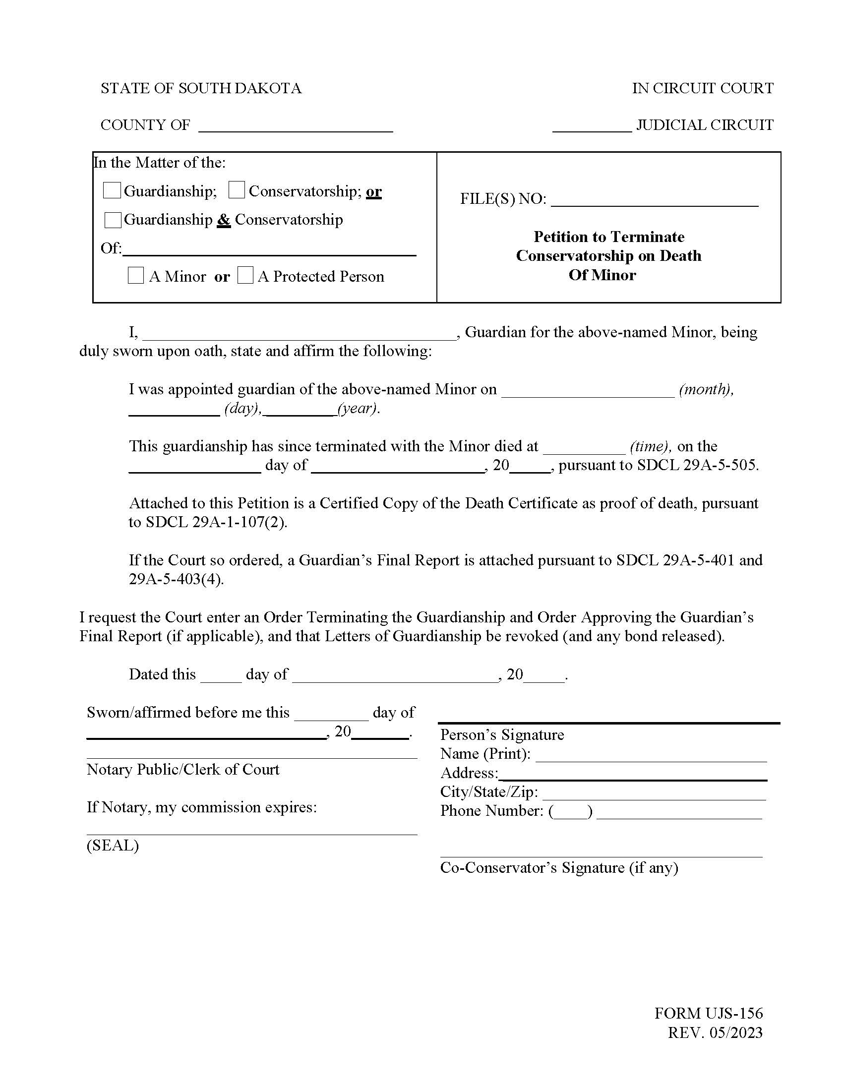 Petition To Terminate Guardianship On Death Of Minor {UJS-156} | Pdf Fpdf Doc Docx | South Dakota
