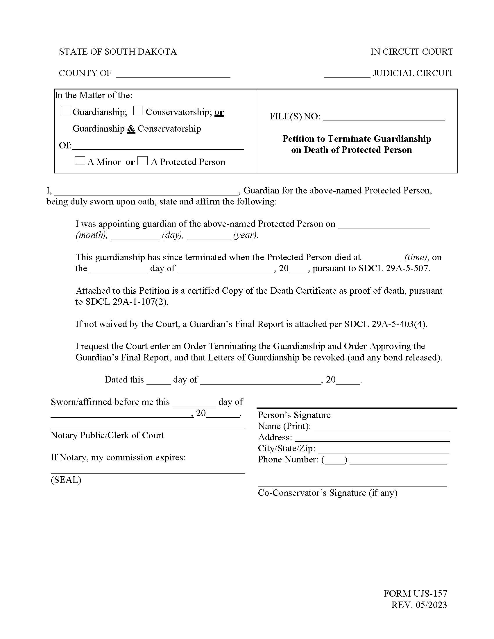 Petition To Terminate Guardianship On Death Of Protected Person {UJS-157} | Pdf Fpdf Doc Docx | South Dakota