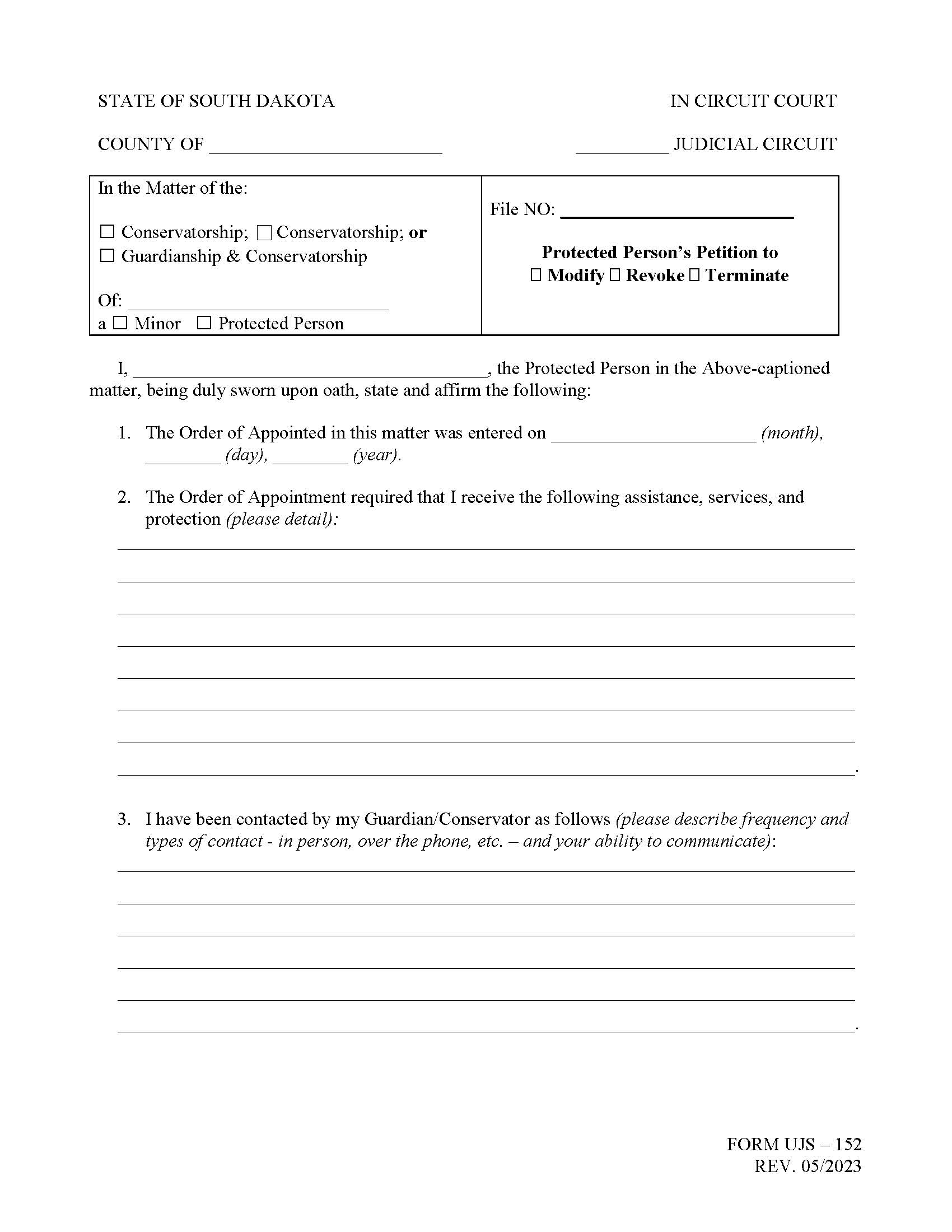 Protected Persons Petition To Modify - Revoke - Terminate {UJS-152} | Pdf Fpdf Doc Docx | South Dakota