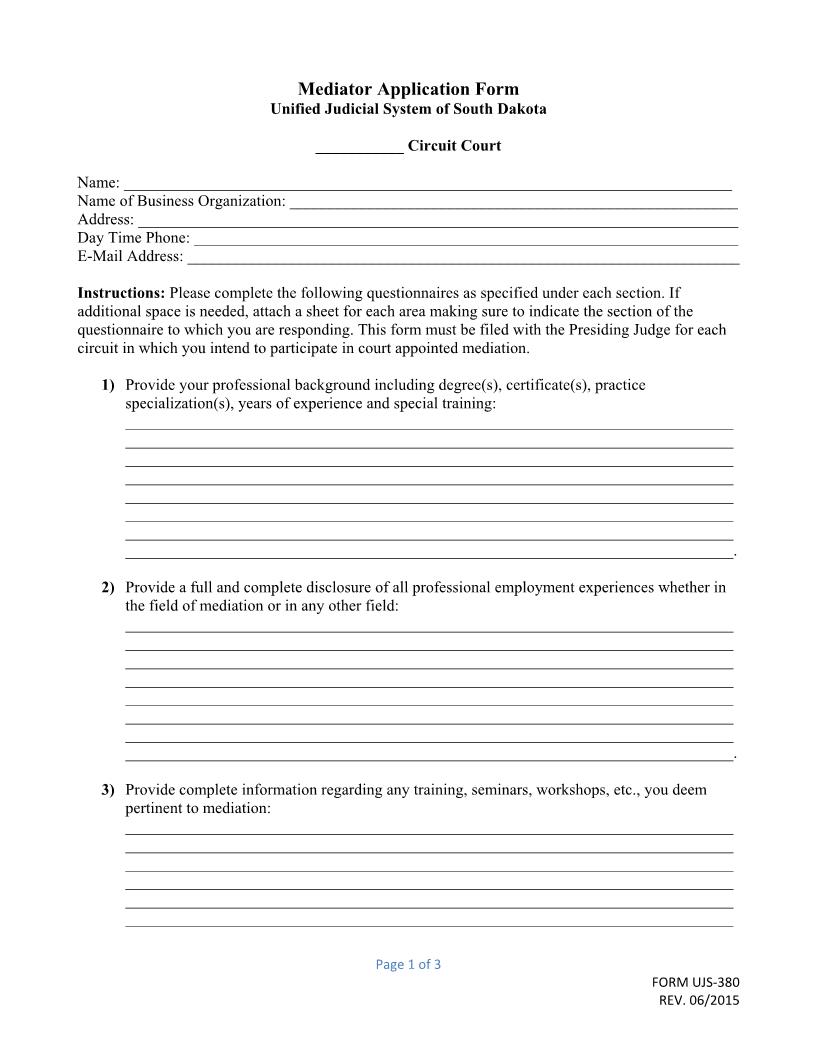 Mediator Application Form {UJS-380} | Pdf Fpdf Docx | South Dakota