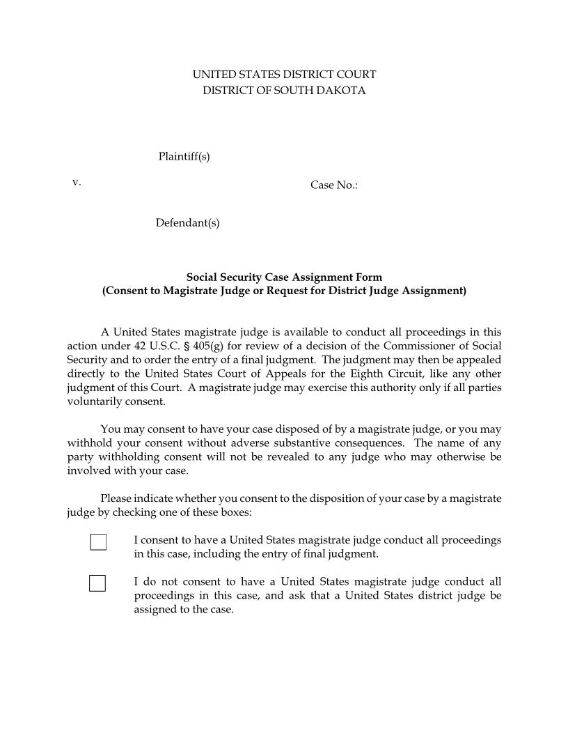 Social Security Case Assignment Form | Pdf Fpdf Docx | South Dakota